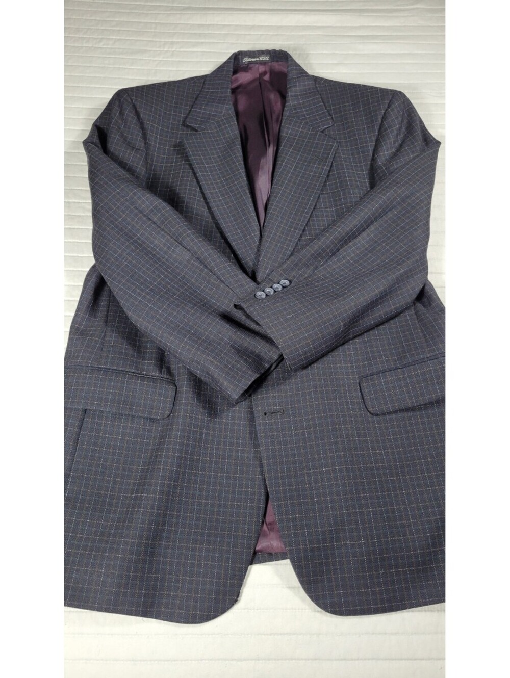 Tom James Executive Sport Coat Mens Navy Windowpane Plaid 100% Wool Blazer USA